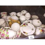 A box containg part tea sets including Japanese, Royal Vale and Crown Essex. Catalogue only, live