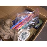 Box of misc to include wristwatches, embroidery, Haynes manuals, pottery, LPs, etc. Catalogue