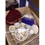 A box of pottery and glass including Aynsley, Royal Doulton, Next vase Catalogue only, live