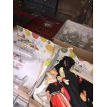 Three small boxes with various glassware and miniature dolls and Liverpool FC book Catalogue only,