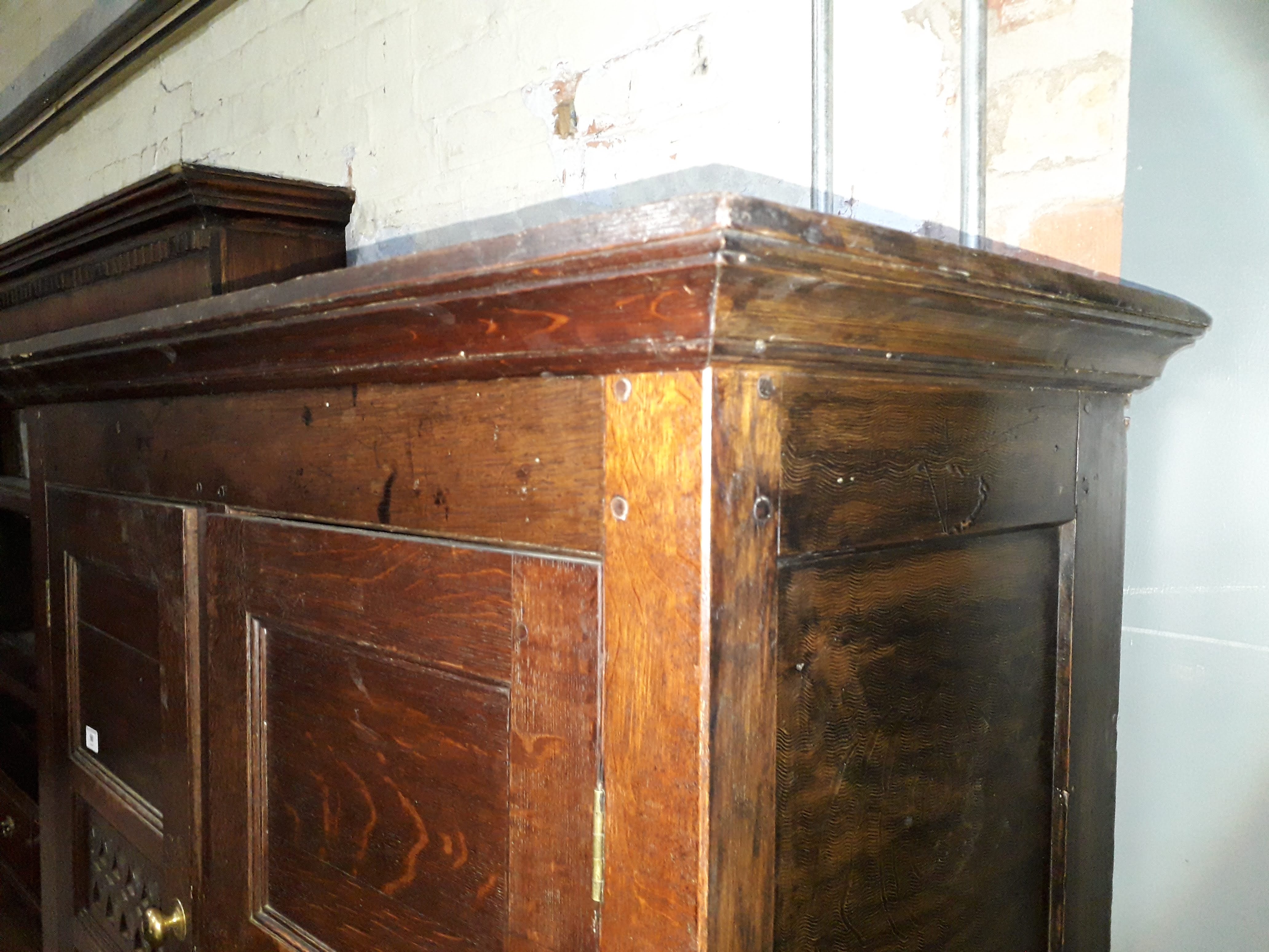 An 18th century and later oak cabinet, width 107cm, depth 47cm & height 190cm. Condition: general - Bild 5 aus 31