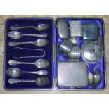 A mixed lot of hallmarked silver comprising a cased set of six Art Nouveau style silver teaspoons