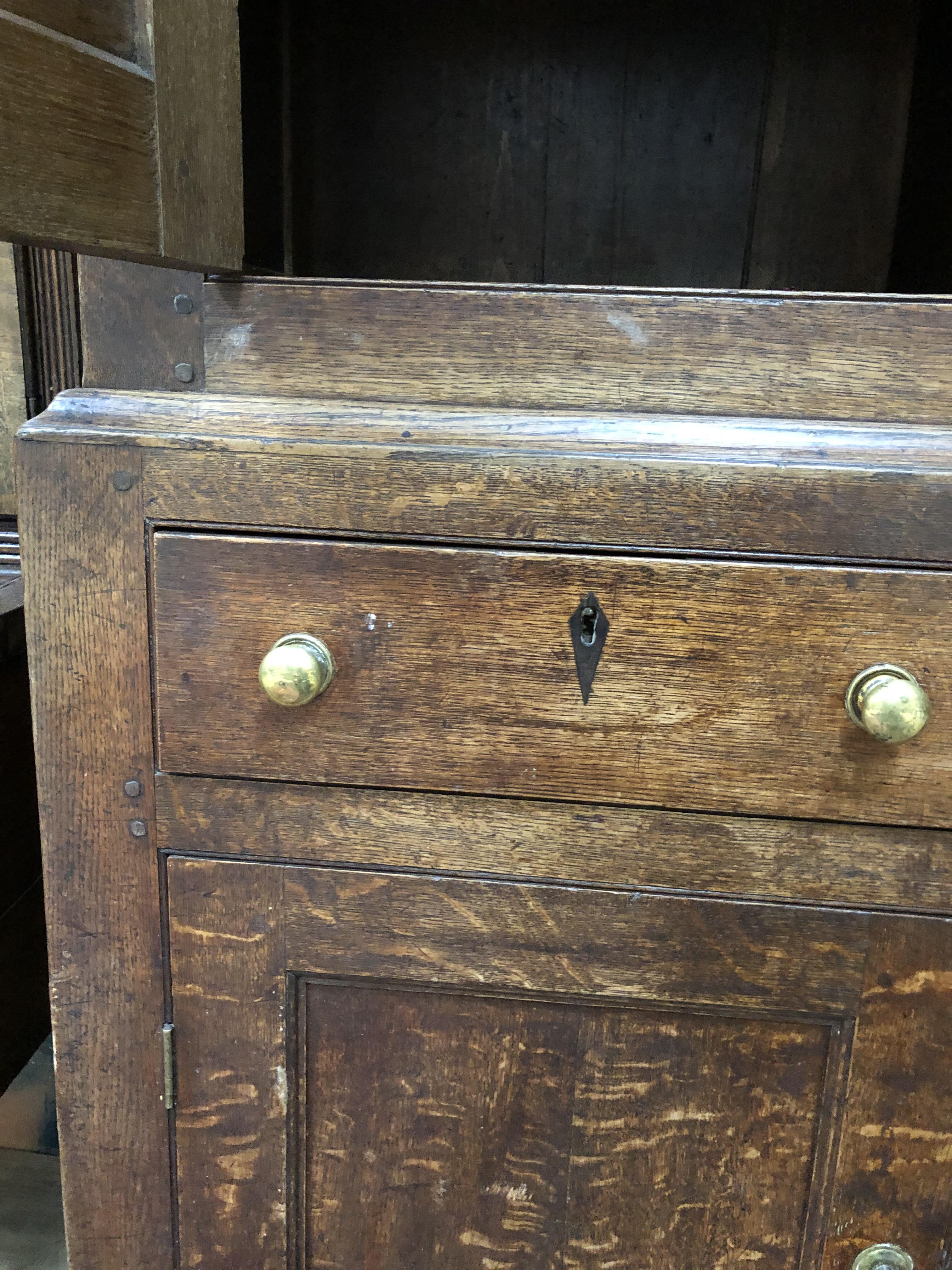 An 18th century and later oak cabinet, width 107cm, depth 47cm & height 190cm. Condition: general - Bild 28 aus 31