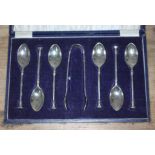 A cased set of hallmarked silver teaspoons and sugar tongs.