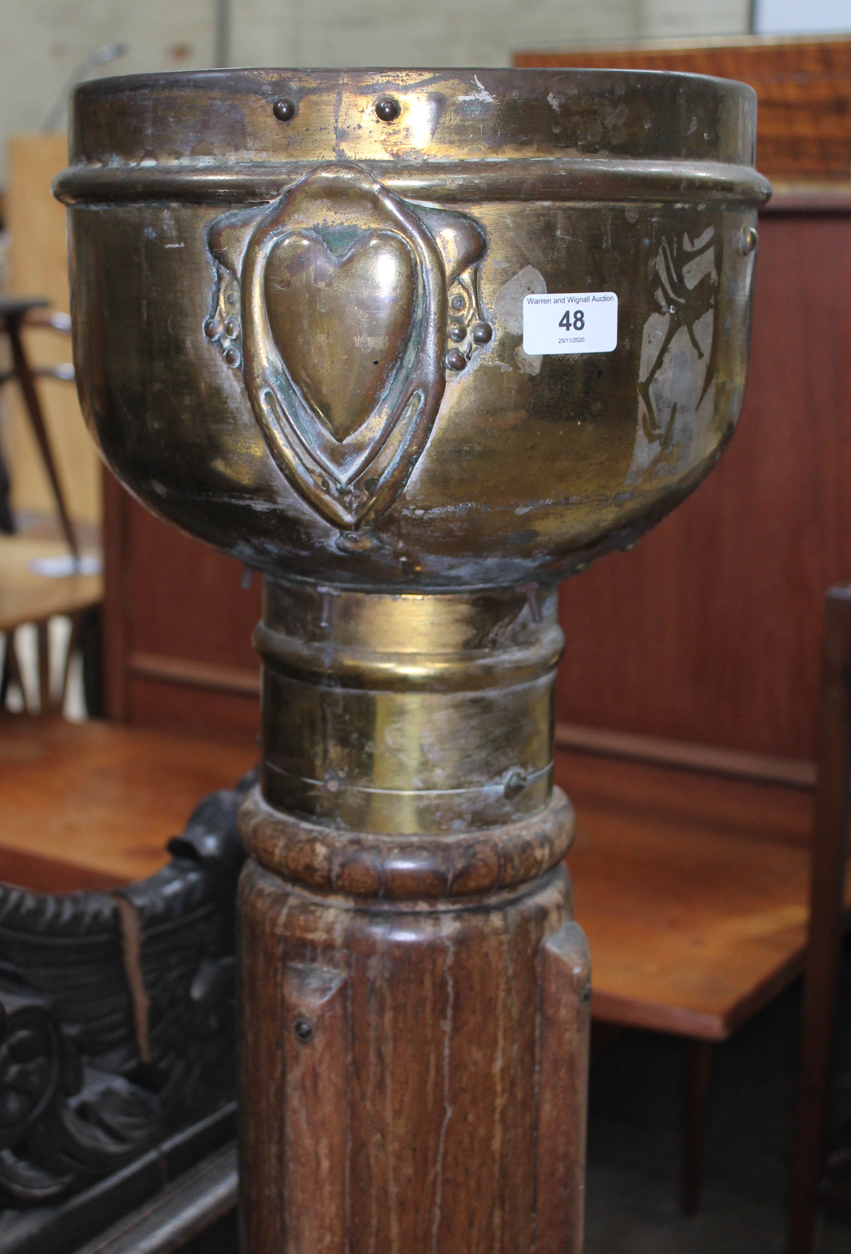 A late Victorian Art Nouveau style brass jardiniere on ecclesiastical base, the jardiniere stamped - Image 3 of 3