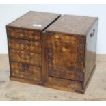 A Japanese parquetry and metal bound miniature cabinet, height 27.5cm, length 36cm, depth 25cm.
