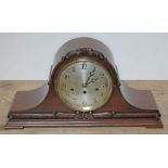 A Junghans steel dial West Minster chime mantle clock in carved oak case, length 53cm, height