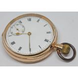 A hallmarked 9ct gold pocket watch, with white enamel dial, gold spade hands and seconds