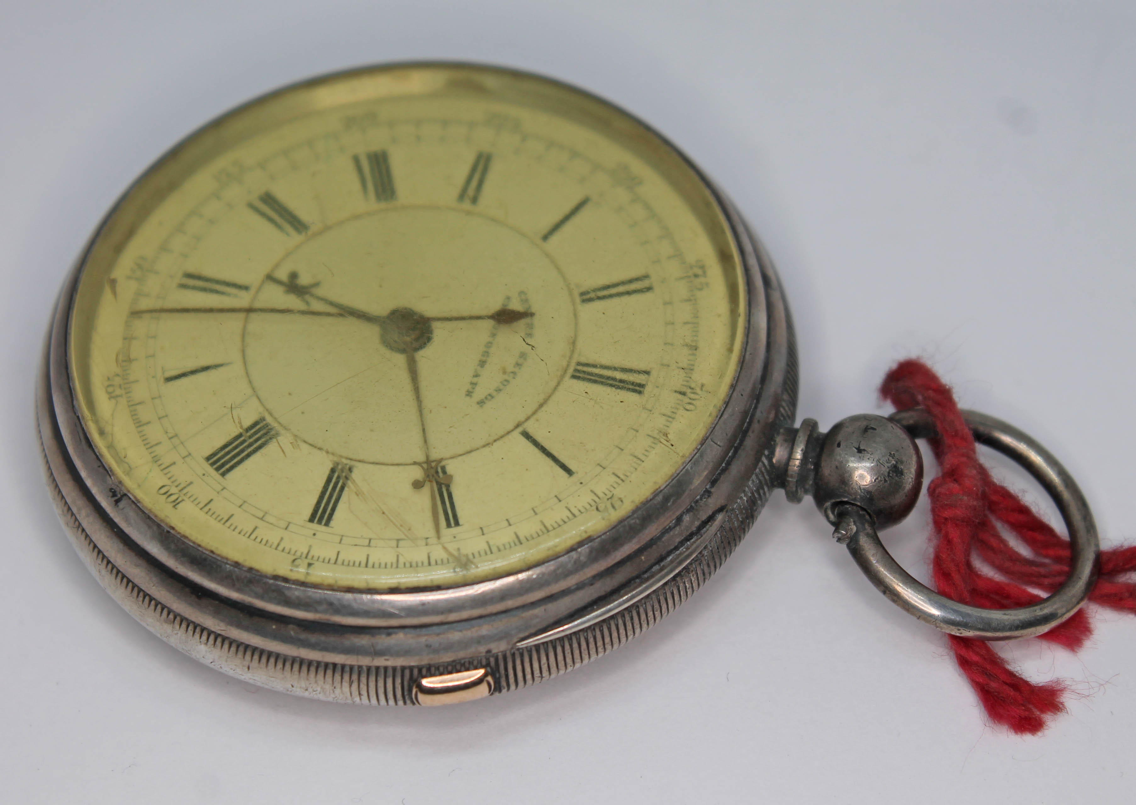 A hallmarked silver centre seconds chronograph pocket watch, case diam. 56mm.