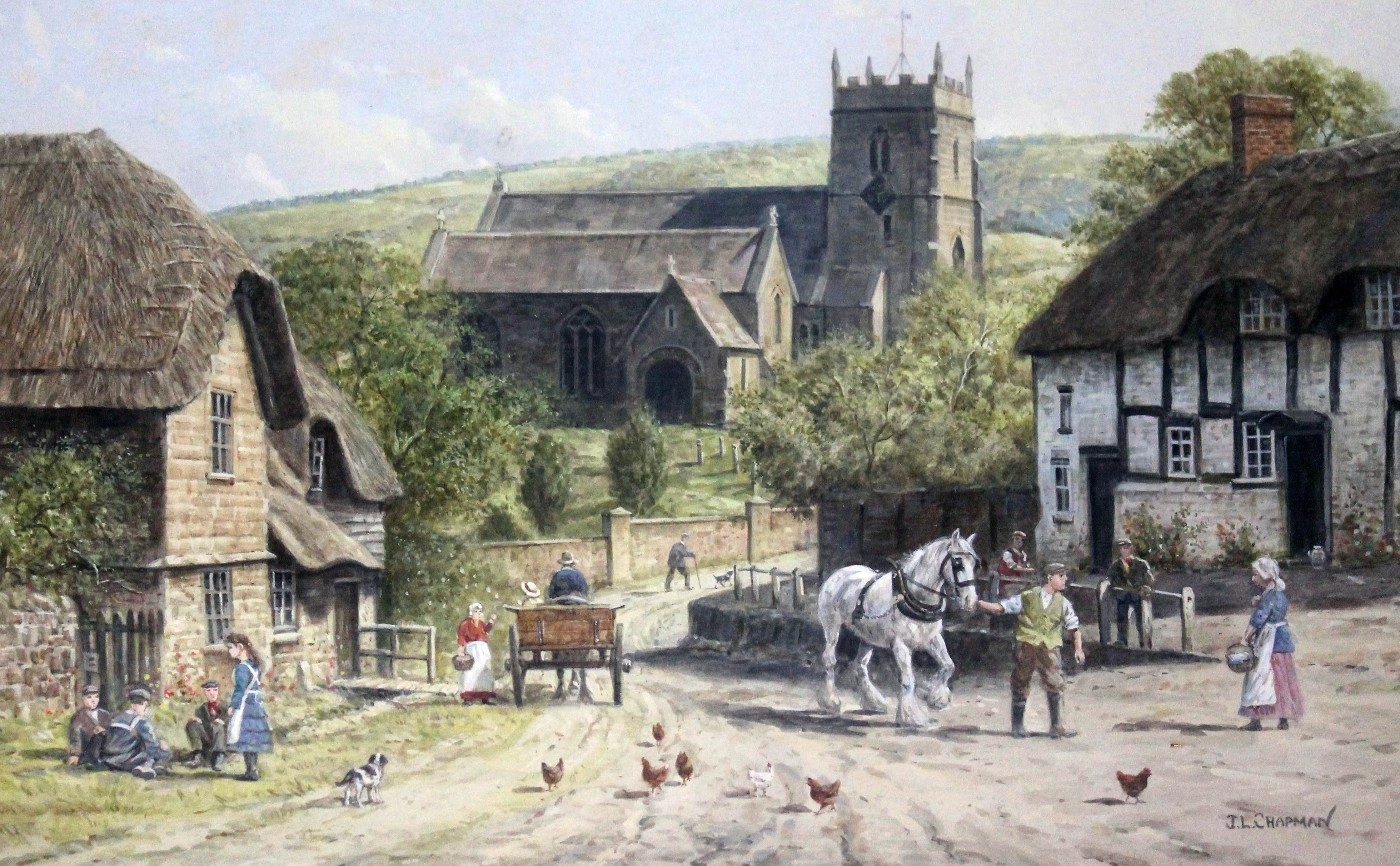 John Lewis Chapman (b1946), "Okeford Fitzpaine Dorset" with St Andrews Church in the Background,