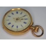 A ladies pocket watch with enamel dial, outer and inner cases marked '18K', diam. 33mm, gross wt.