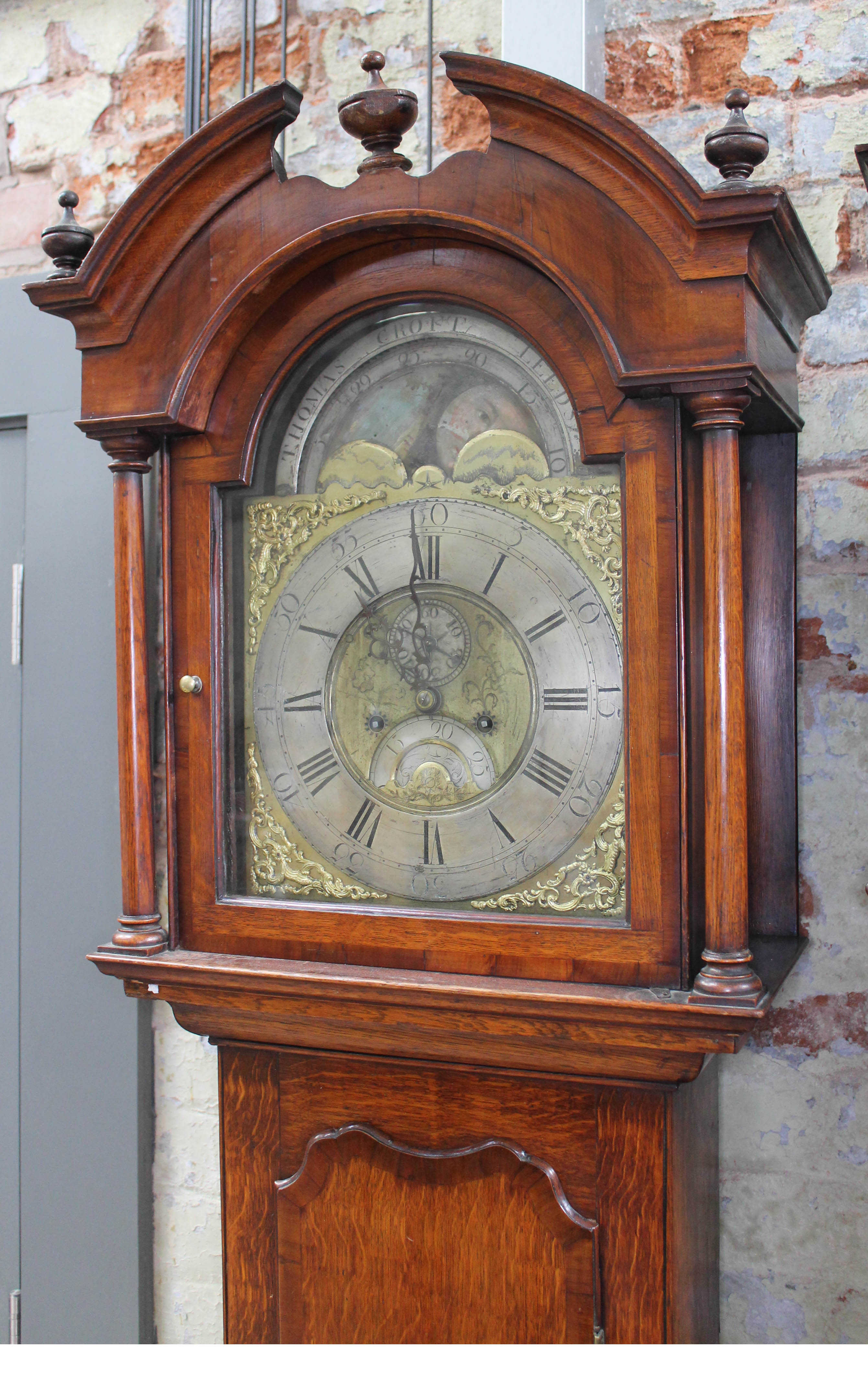 An 18th century oak eight day long case clock, four pillar brass movement striking on single bell, - Image 8 of 37