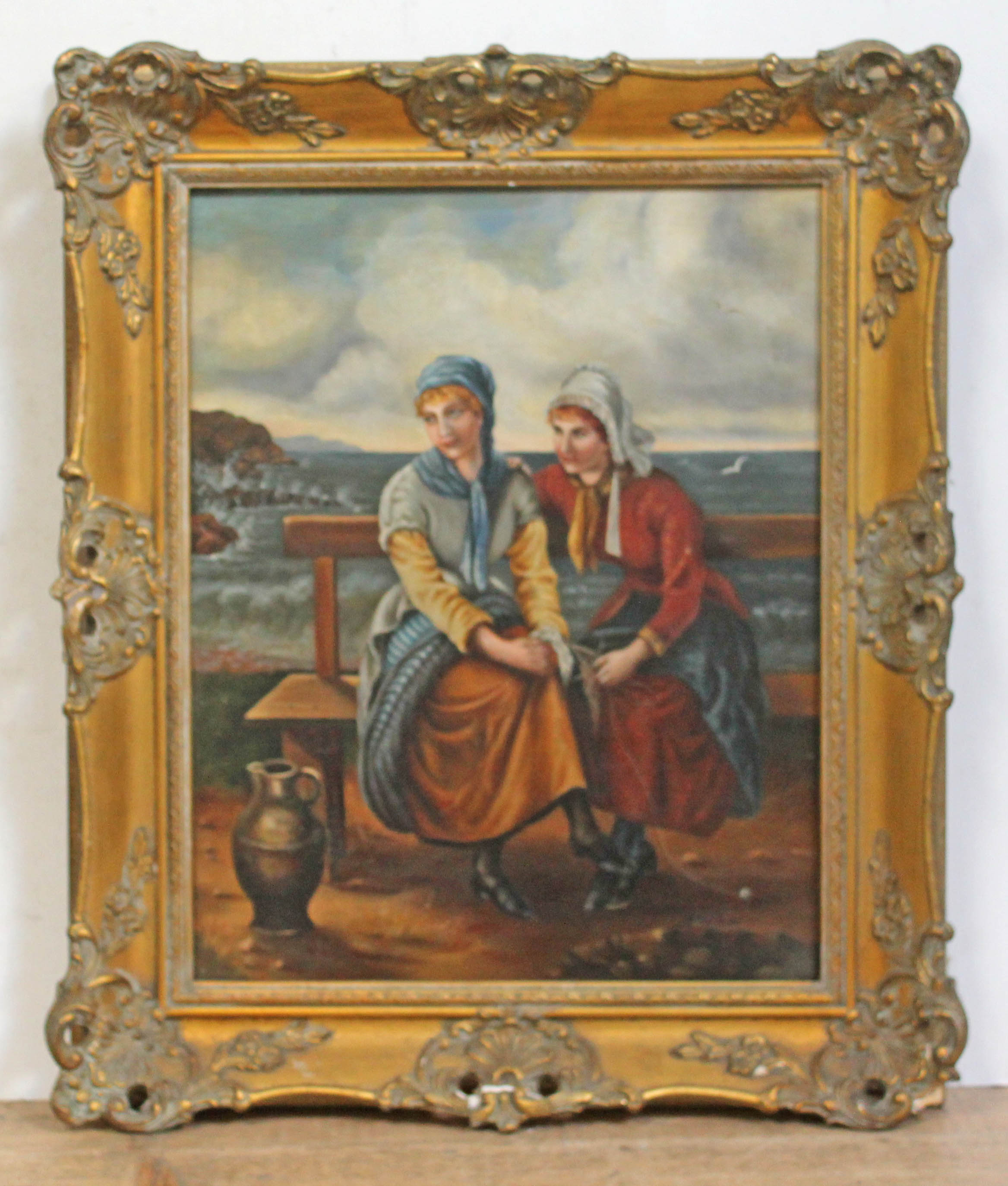 19th Century/20th Century School, Fishermen's Wives seated on shoreside bench, oil on canvas, 39cm x - Image 7 of 7