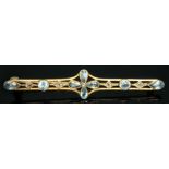 A Art Deco aquamarine and diamond brooch, length 57mm, unmarked, gross wt. 3.42g. Condition -