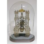 A Gothic style single fusee chain driven brass skeleton clock under a glass dome, height 52cm.