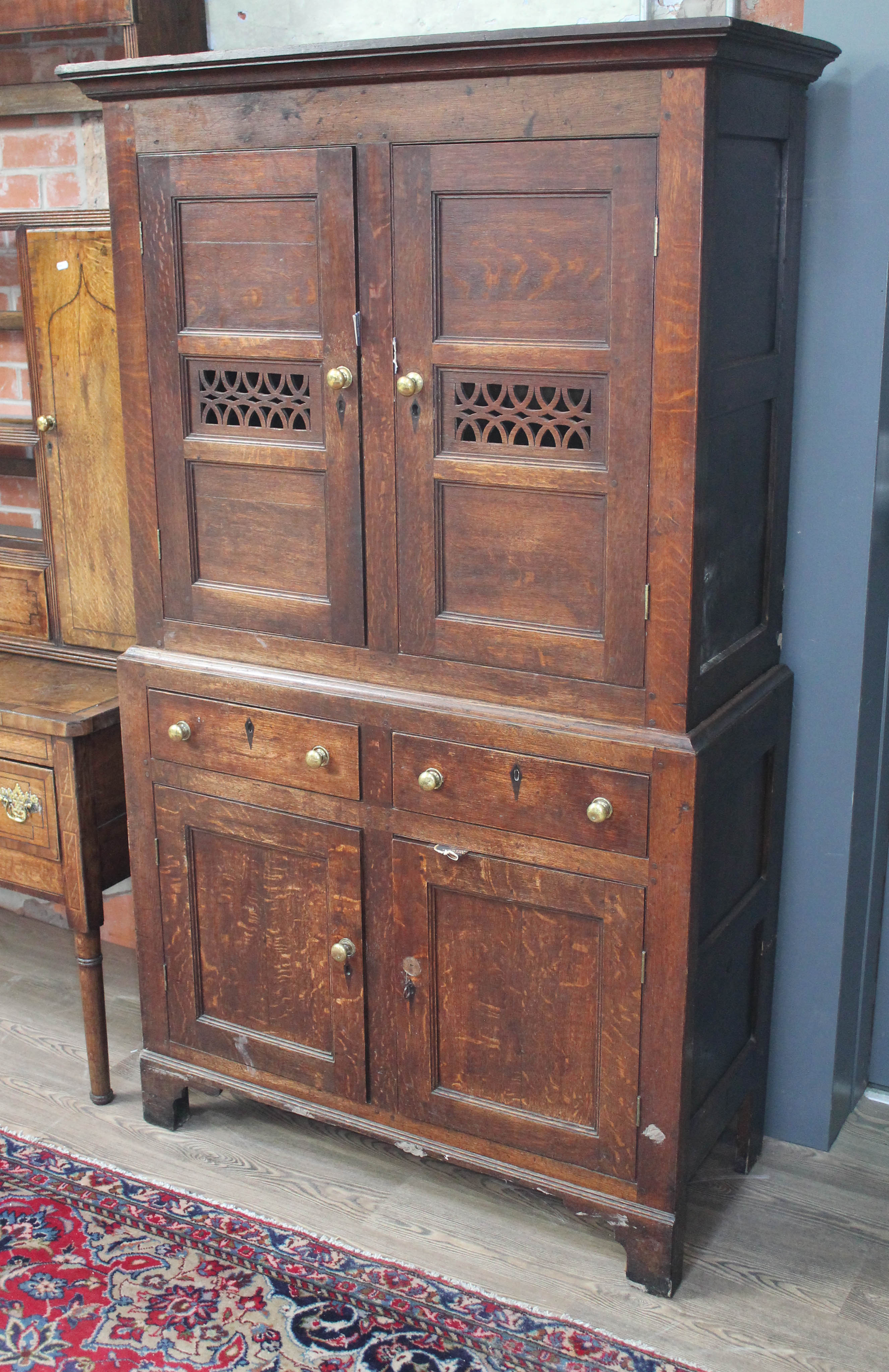 An 18th century and later oak cabinet, width 107cm, depth 47cm & height 190cm. Condition: general - Bild 2 aus 31