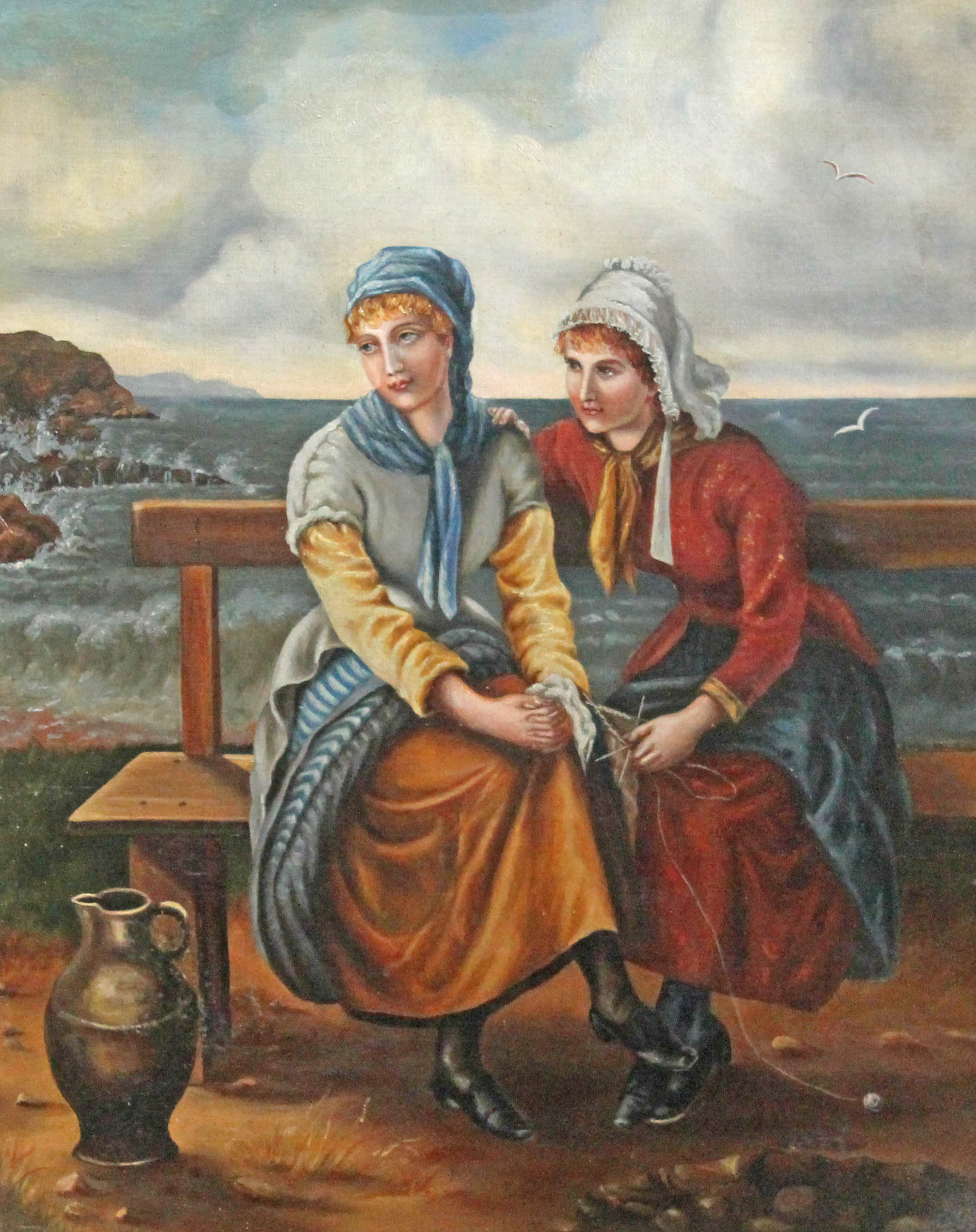 19th Century/20th Century School, Fishermen's Wives seated on shoreside bench, oil on canvas, 39cm x