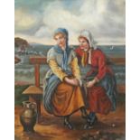 19th Century/20th Century School, Fishermen's Wives seated on shoreside bench, oil on canvas, 39cm x
