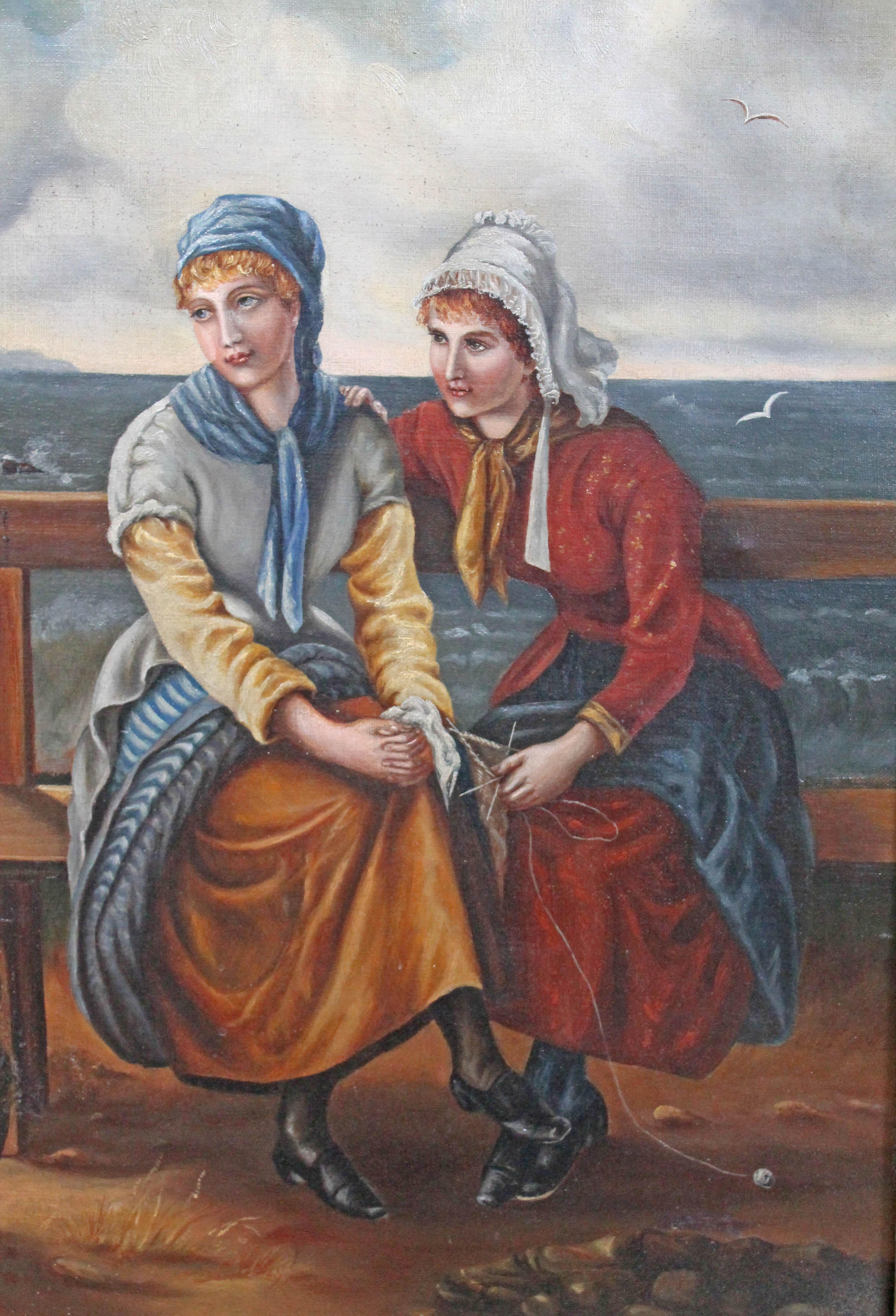 19th Century/20th Century School, Fishermen's Wives seated on shoreside bench, oil on canvas, 39cm x - Image 5 of 7