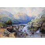 19th Century School, mountain landscape with cattle and fishermen, watercolour, 80cm x 56cm,