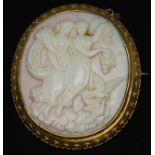 A Victorian yellow metal shell cameo brooch, length 54mm, gross wt. 25.02g. Condition - old solder