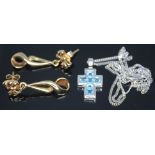 A pair of drop earrings, length 31mm, each with 9ct gold import marks, together with a crucifix