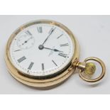 A 1901 14 ct gold plated Waltham pocket watch with signed white enamel dial, Roman numerals, spade