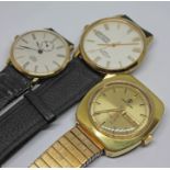 Three gold plated wristwatches comprising a Favre-Leuba Duomatic 17 jewel automatic day date, An