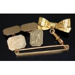 Hallmarked 9ct gold comprising a pair of cufflinks, a tie pin and a bow brooch with clasp, gross wt.