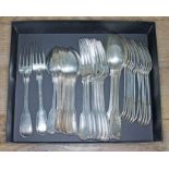 Late Edwardian fiddle & thread pattern flatware comprising nine desert spoons, three serving spoons,