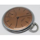A Union Soleure nickel plated pocket watch with bronzed signed dial, Roman numerals and baton