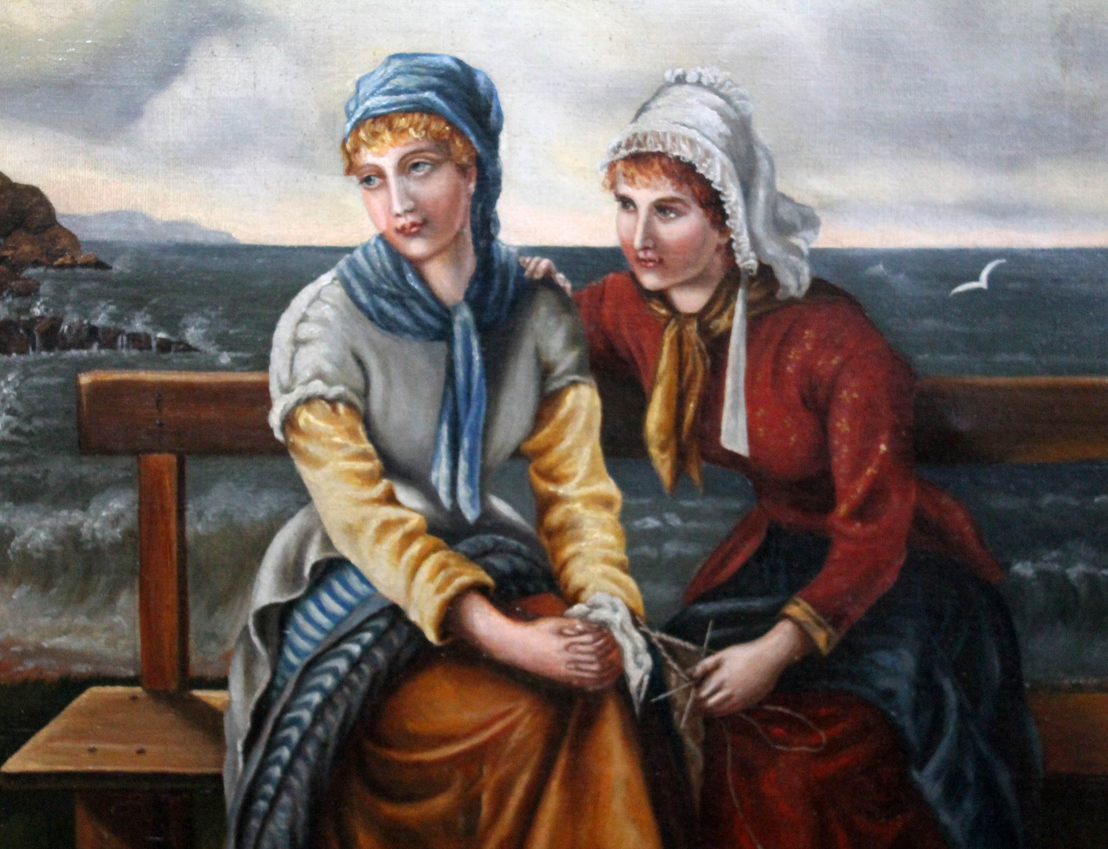 19th Century/20th Century School, Fishermen's Wives seated on shoreside bench, oil on canvas, 39cm x - Image 4 of 7