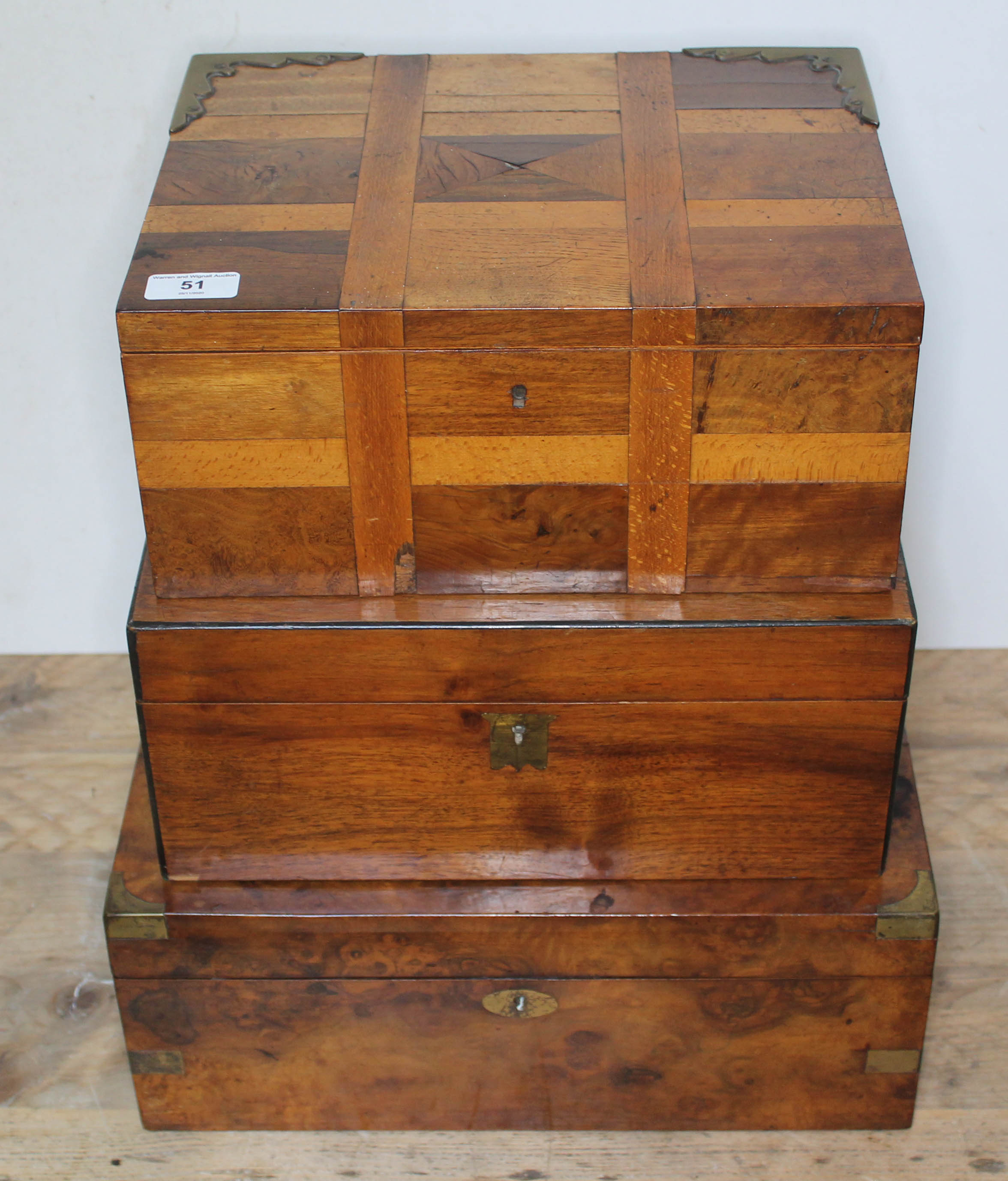 A group of three 19th century boxes comprising a parquetry box with brass corner mounted hinges, a