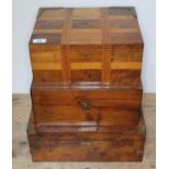 A group of three 19th century boxes comprising a parquetry box with brass corner mounted hinges, a