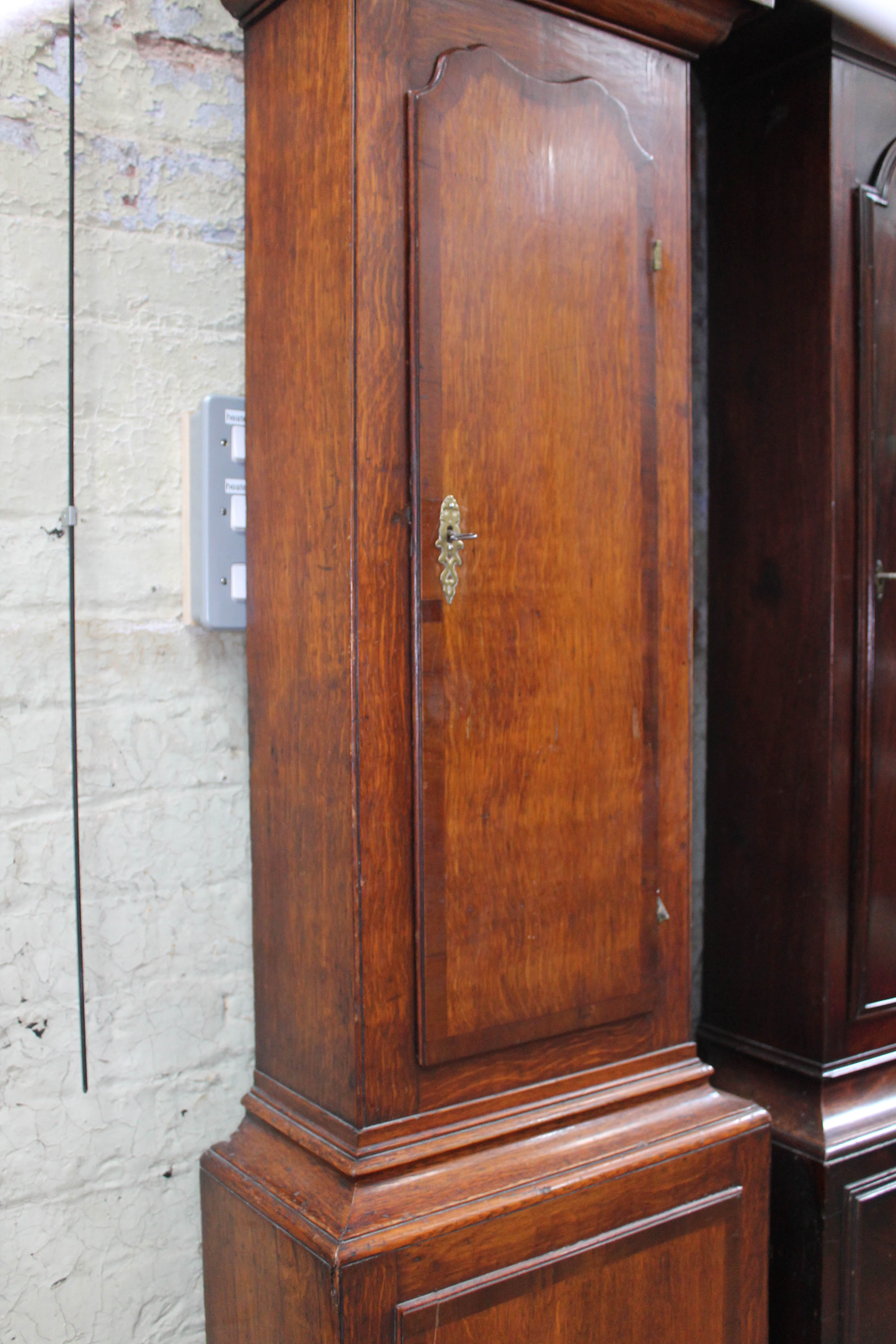 An 18th century oak eight day long case clock, four pillar brass movement striking on single bell, - Image 6 of 37