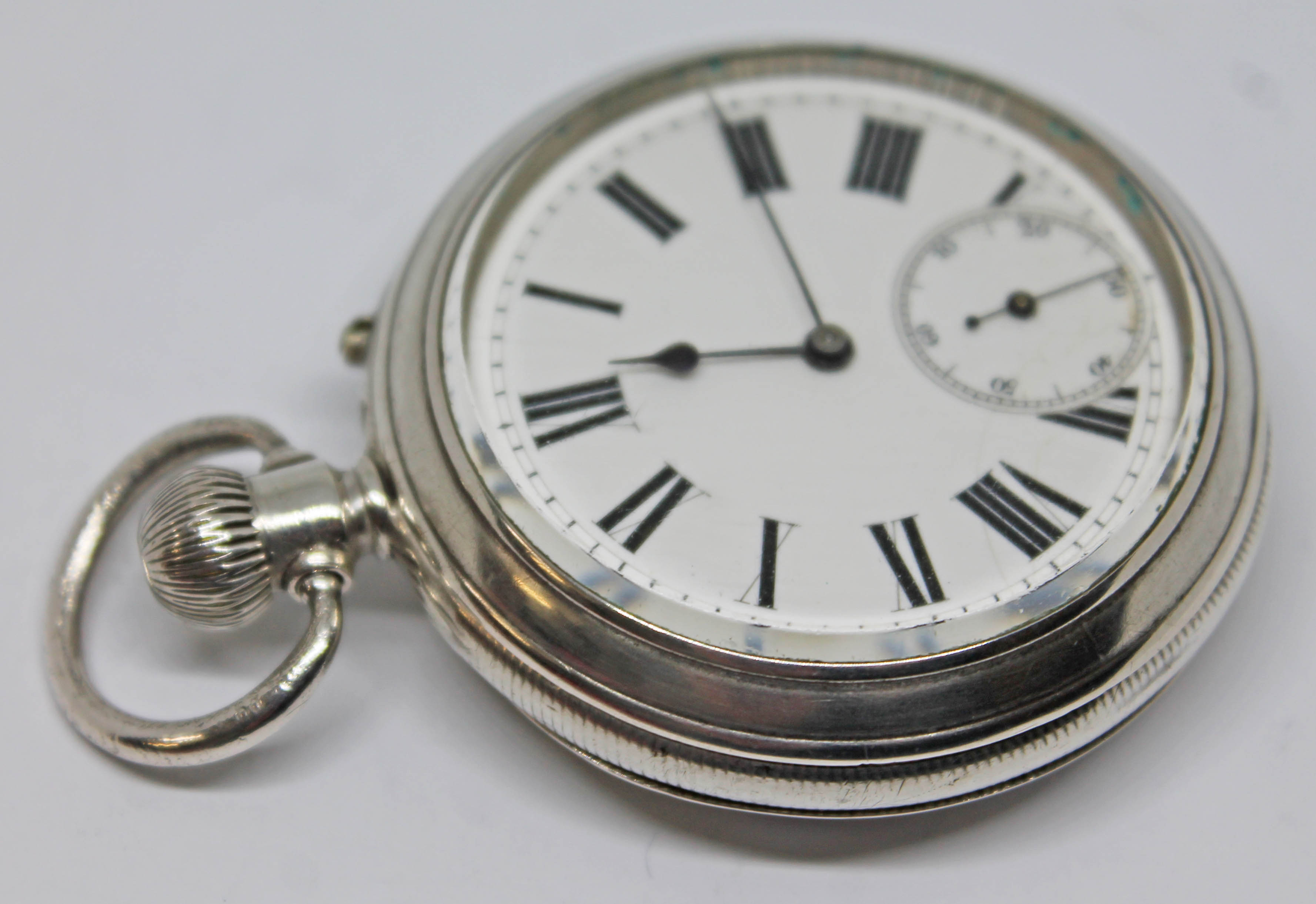 A silver cased Baume & Co pocket watch with white enamel dial, Roman numerals, spade hands and - Bild 3 aus 3