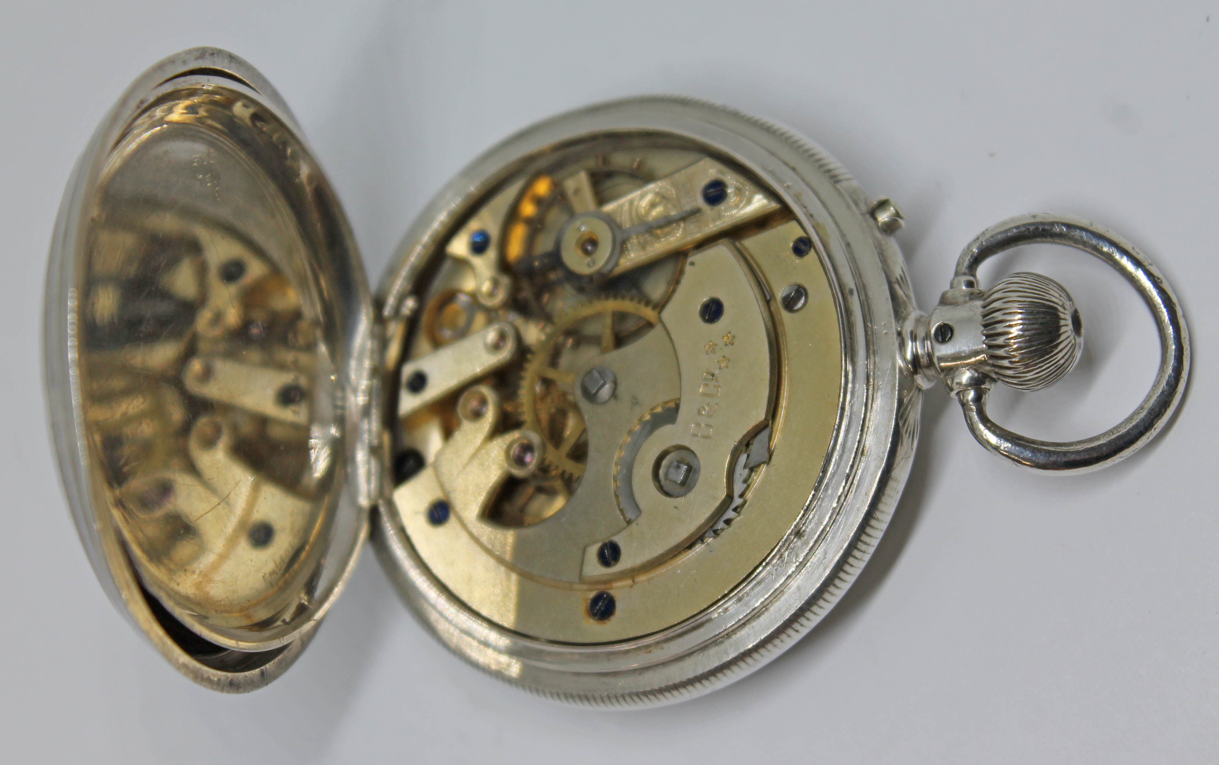 A silver cased Baume & Co pocket watch with white enamel dial, Roman numerals, spade hands and - Bild 2 aus 3