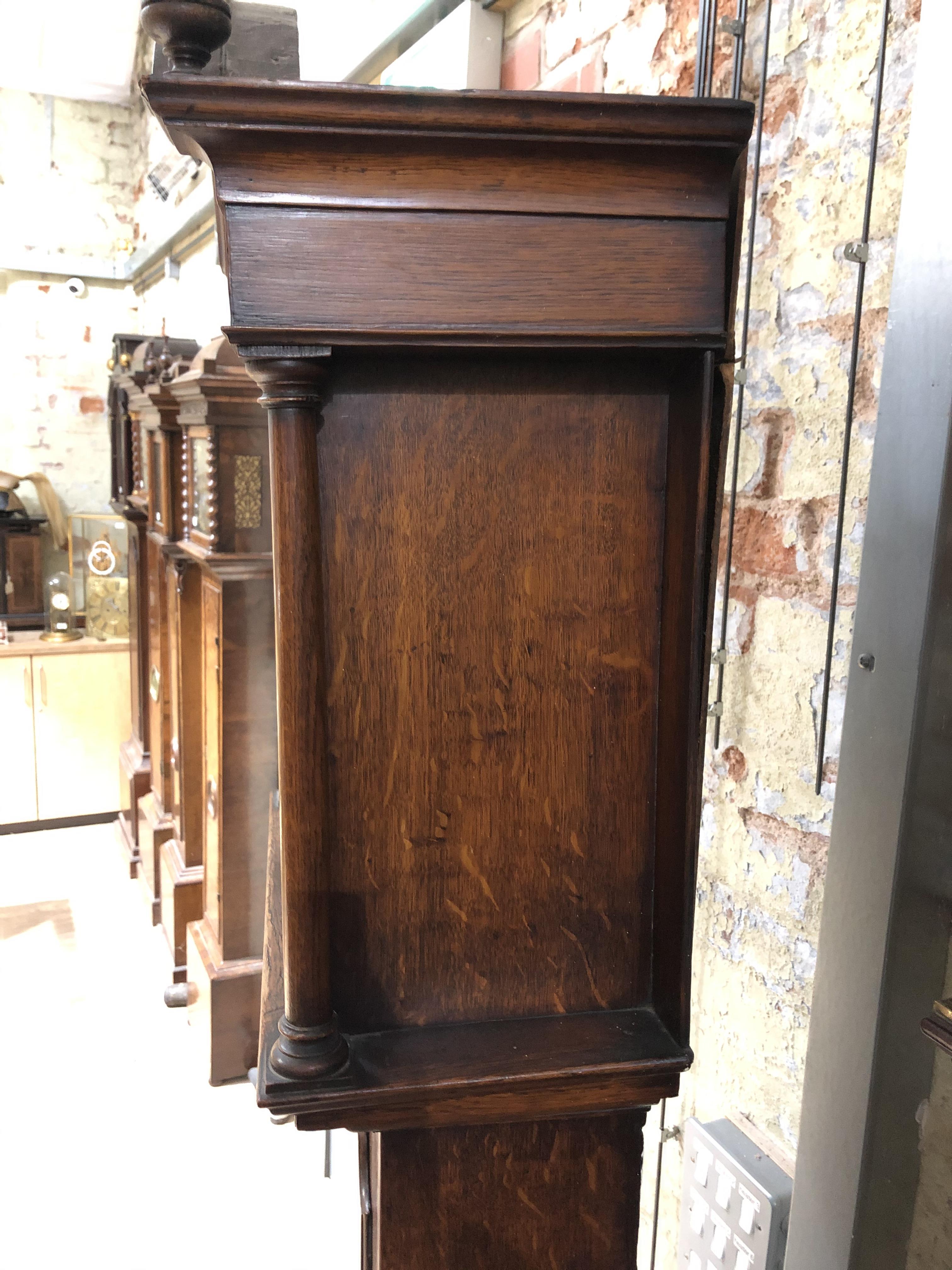 An 18th century oak eight day long case clock, four pillar brass movement striking on single bell, - Image 11 of 37