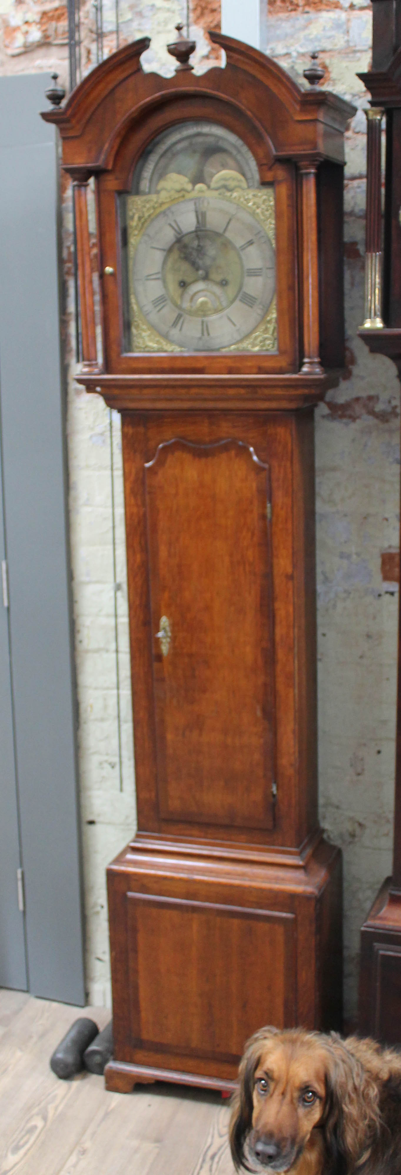 An 18th century oak eight day long case clock, four pillar brass movement striking on single bell,