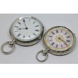 Two ornately engraved ladies Victorian silver pocket watches, one hallmarked silver, the other