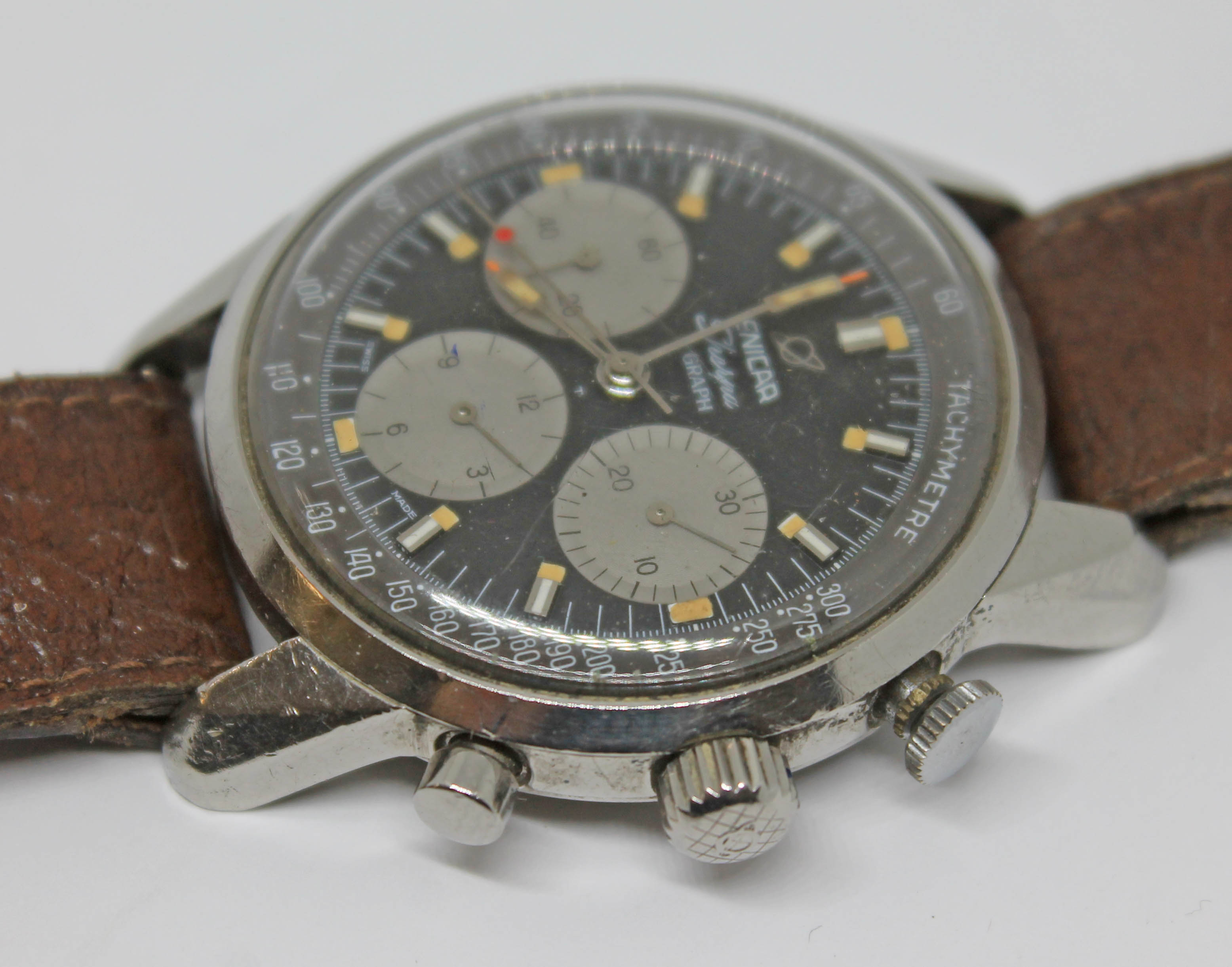 A vintage stainless steel Enicar Sherpa Graph 300 'Jim Clark' chronograph wristwatch reference 072-