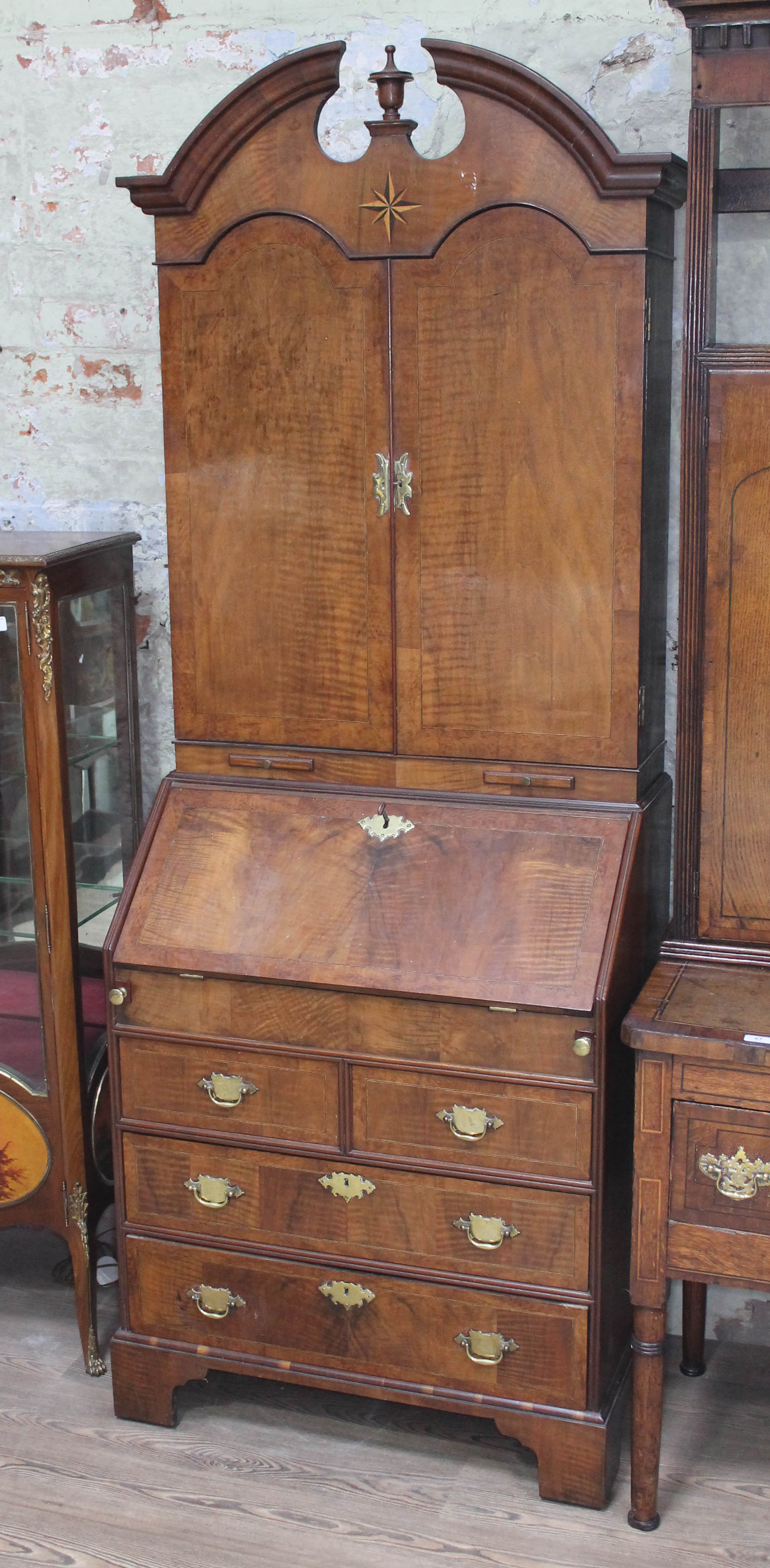 A Queen Anne style walnut cabinet bureau circa 1900, width 81cm, depth 48cm & height 211cm.