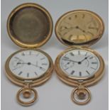 Two Waltham gold plated pocket watches, both with white signed dials, Roman numerals and seconds