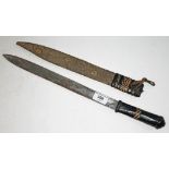 An African short sword with snakeskin and leather scabbard and leather grip, blade length 35cm,