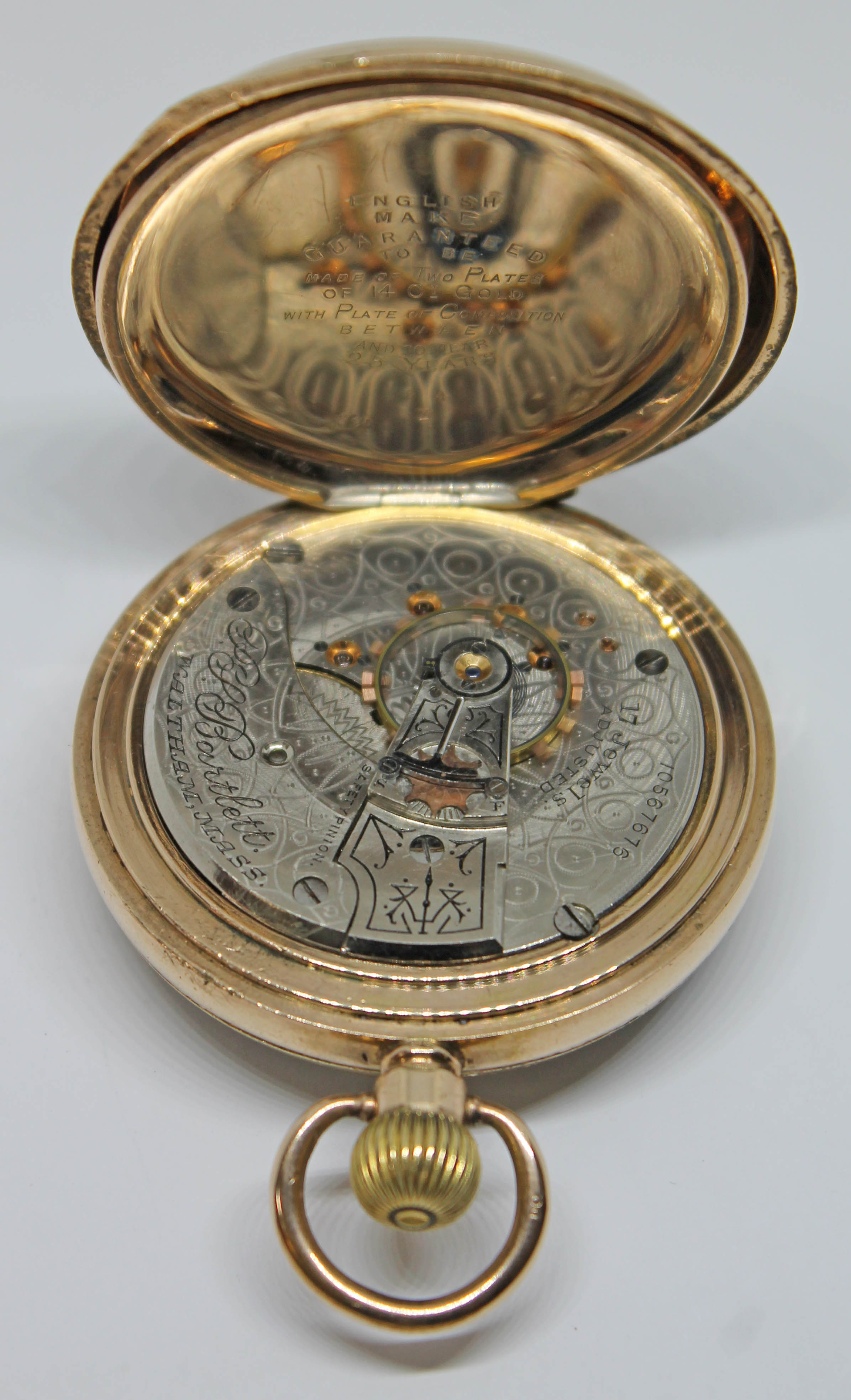 A 1901 14 ct gold plated Waltham pocket watch with signed white enamel dial, Roman numerals, spade - Bild 3 aus 4