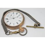 An early 20th century gold plated pocket watch with white enamel dial and spade hands, the