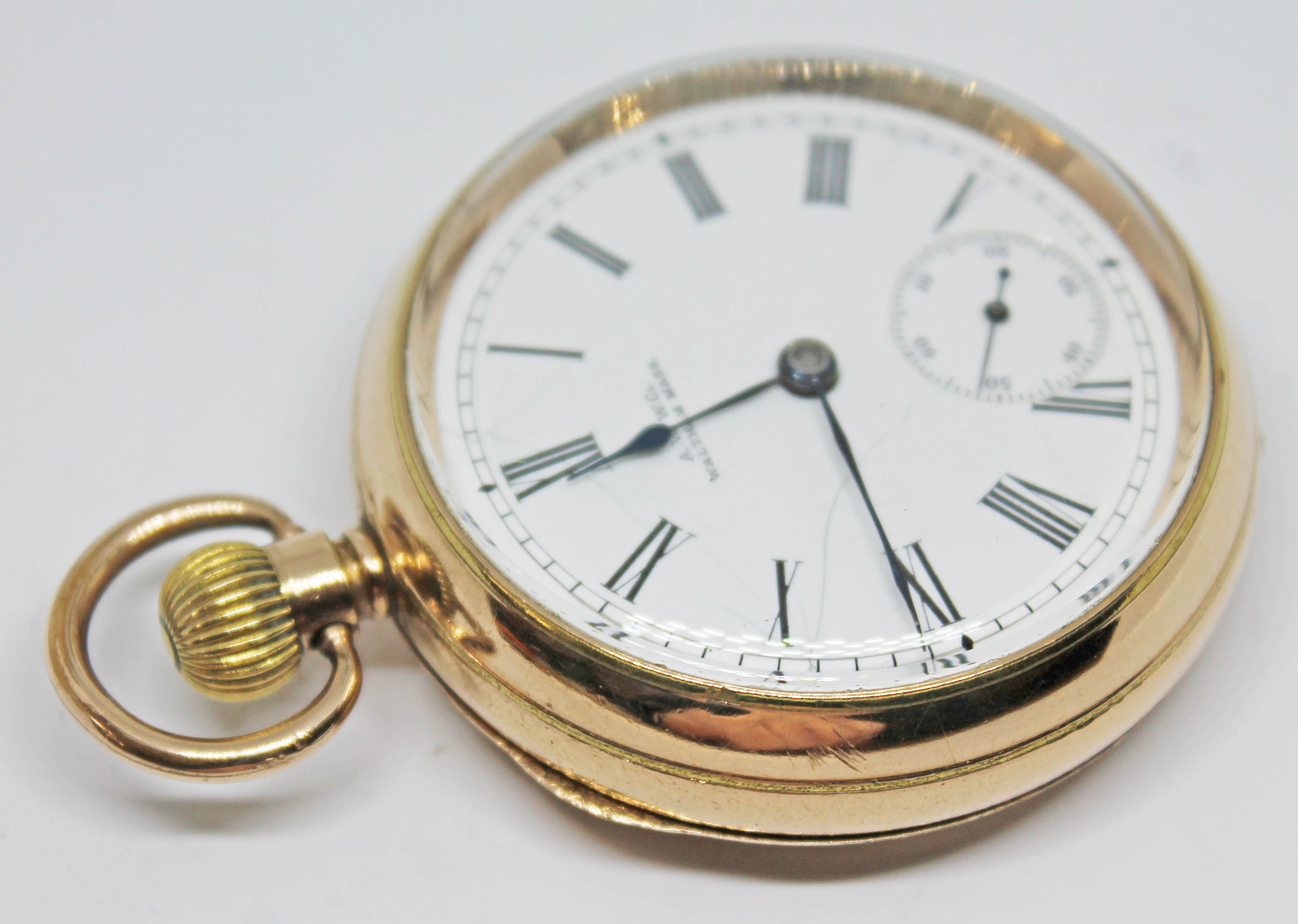 A 1901 14 ct gold plated Waltham pocket watch with signed white enamel dial, Roman numerals, spade - Bild 4 aus 4