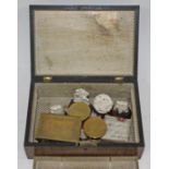 A Victorian parquetry box and contents including carved antique ivory, miniature brass etc.