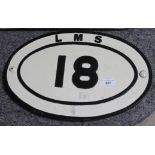 LMS 18 cast iron bridge plate on wooden oval plinth / support. Width 45cm x height 29cm