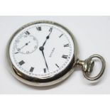 A chrome plated Revue pocket watch, white dial with Roman numerals and seconds subsidiary dial, 15